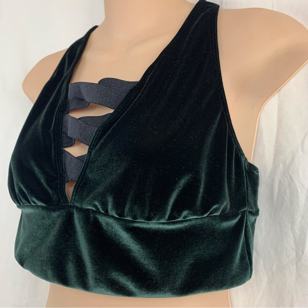 VICTORIA SPORT Workout Swim Tank Top Dark Green Velveteen Cage Front Size L